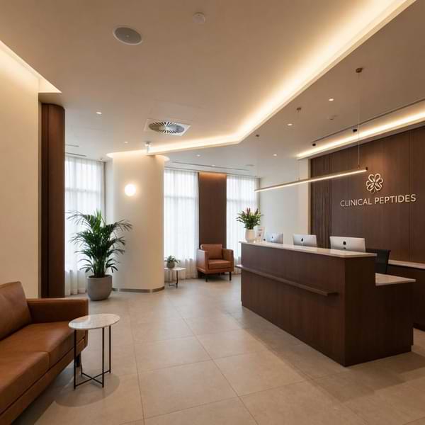 Clinical Peptides modern clinic reception area featuring a sleek front desk, comfortable seating, and a professional healthcare environment.
