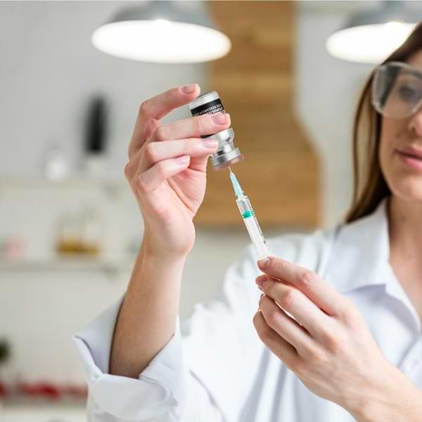 Healthcare professional drawing medication from a vial into a syringe in a clinical setting, preparing an injectable treatment or vaccine
