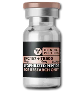 Clinical Peptides BPC 157 + TB500 10mg blend lyophilized peptide research vial.