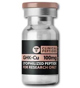 Clinical Peptides GHK-Cu 100mg lyophilized peptide research vial.