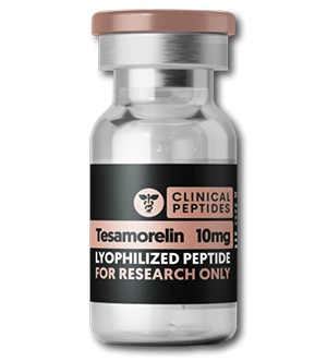 Clinical Peptides Tesamorelin 10mg lyophilized peptide research vial with branded label, isolated on a transparent background for product display.