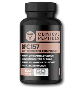 Clinical Peptides BPC 157 supplement bottle with 500 mg and 60 capsules.